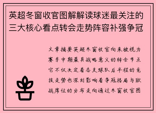 英超冬窗收官图解解读球迷最关注的三大核心看点转会走势阵容补强争冠