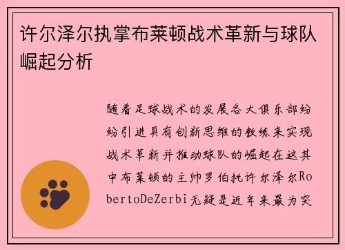 许尔泽尔执掌布莱顿战术革新与球队崛起分析